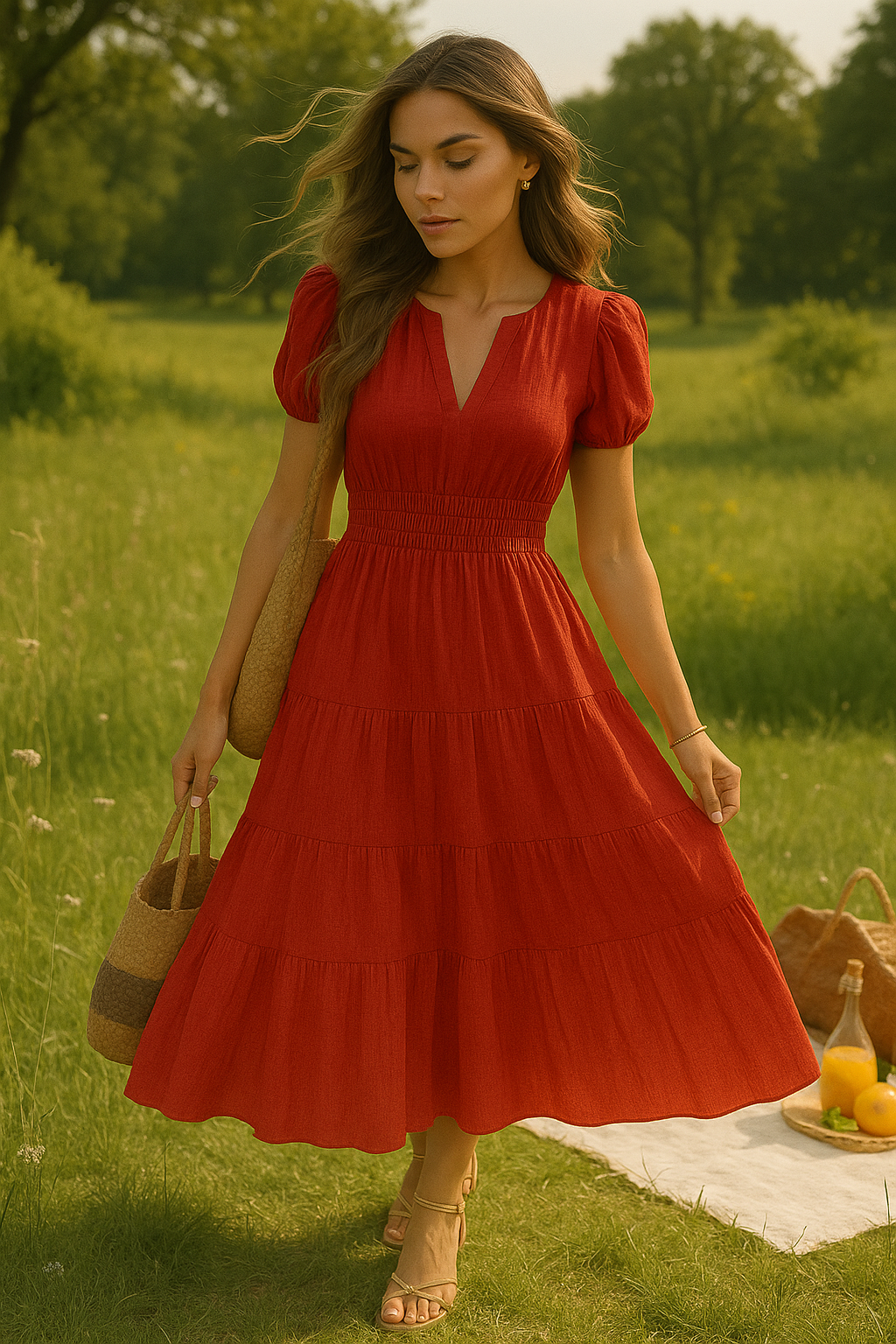 Civetta V-neck Puff Sleeve Swing Dress - Civetta Couture